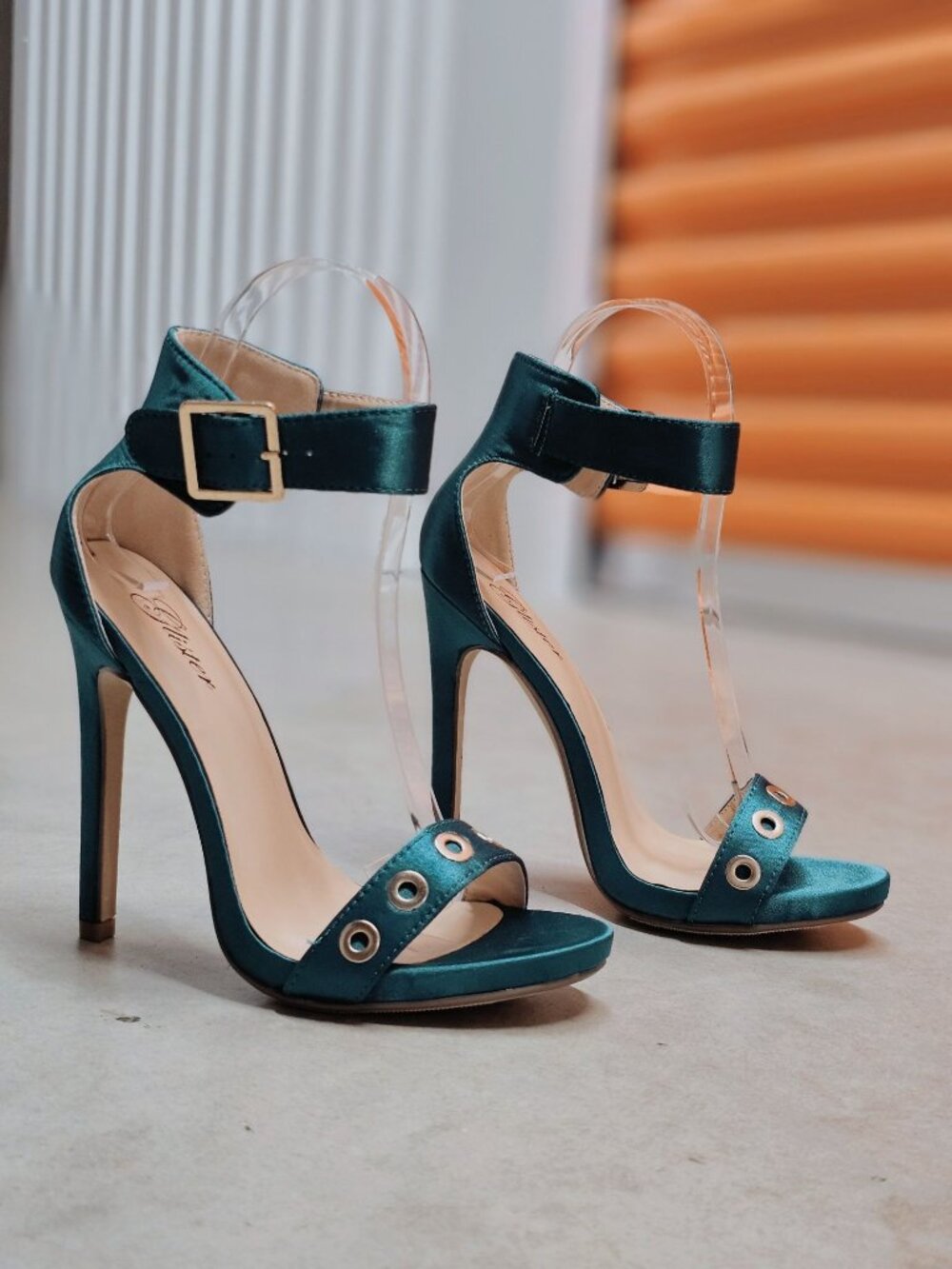 Teal Satin High Heel Sandals With Ankle Strap & Grommet Detail Womens - Picture 12 of 13